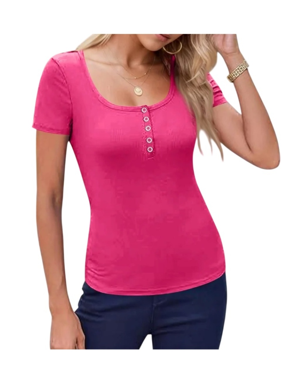 Women’s Vibrant Ribbed Henley Button Front Short-Sleeve Top in Hot Pink